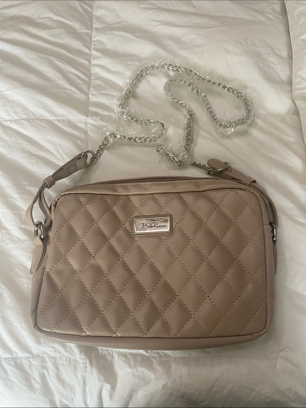Beatrice Rossi Quilted Crossbody Bag in Taupe with Chain Strap
